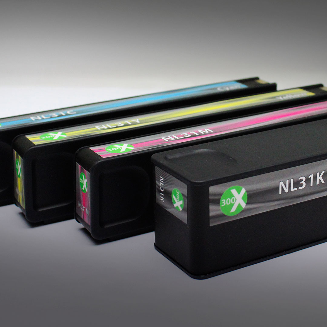 Four printer ink cartridges—black, cyan, magenta, yellow—labeled with model numbers, arranged diagonally on a gray background.