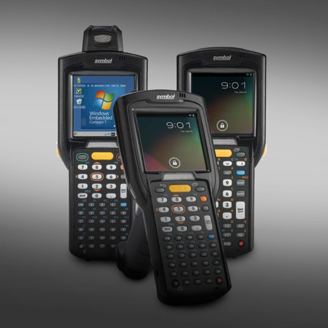 Three handheld barcode scanners with keypads; two show lock screens, one shows a Windows Embedded Compact 7 interface, on grey gradient background.