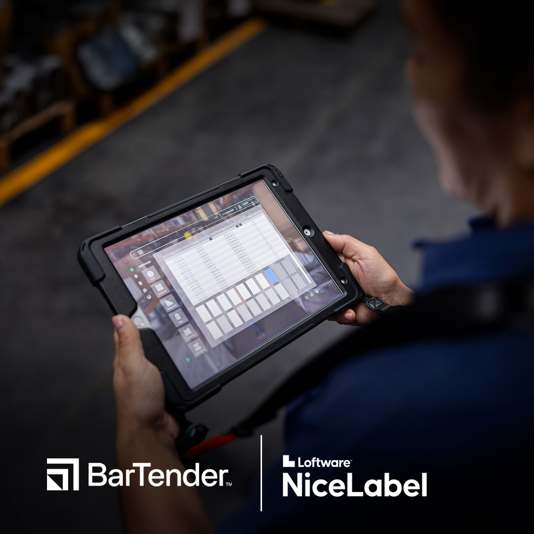 Person holding tablet with label design app, BarTender and Loftware NiceLabel logos shown at bottom for label software comparison.