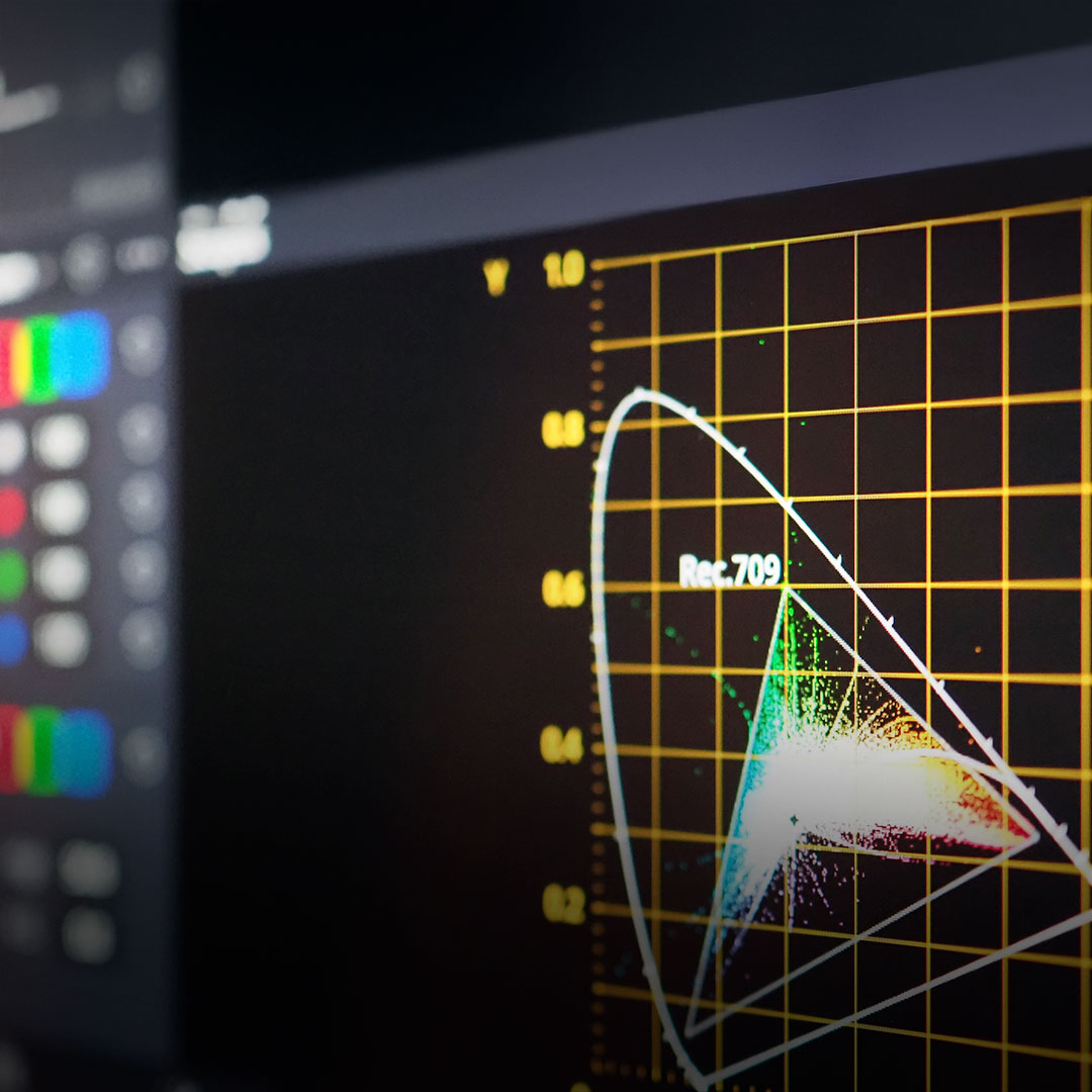 Computer screen shows Rec.709 color gamut chart with triangle outline, data points, color sliders, and numerical values on the left.