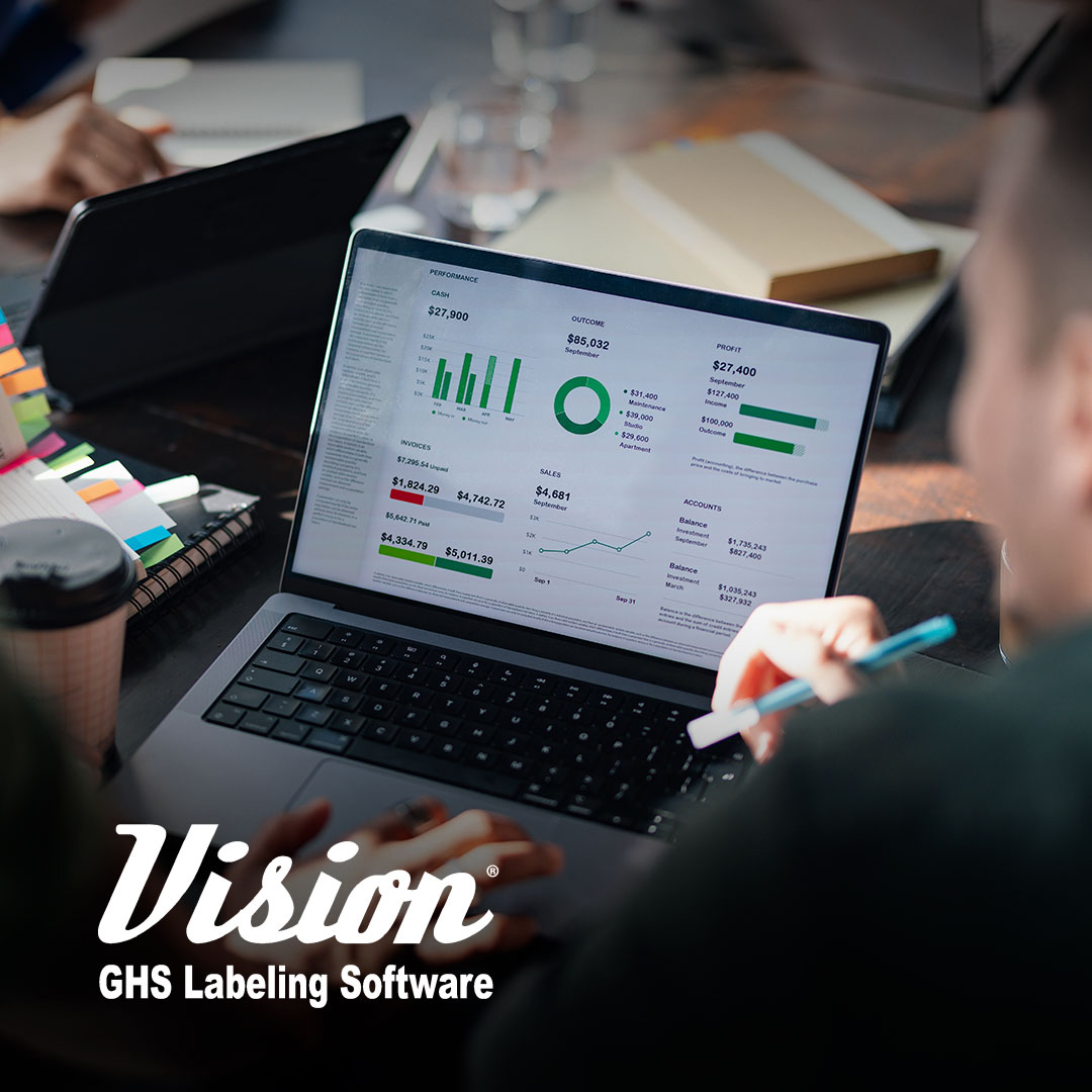 Person analyzing financial charts on a laptop at a desk with notebooks, papers, coffee cup; Vision GHS Labeling Software text displayed.