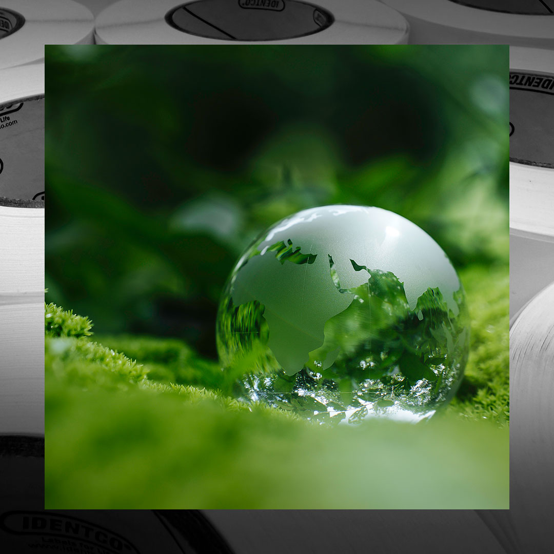Glass globe showing Asia and Australia rests on lush green moss, representing environmental conservation and sustainability.