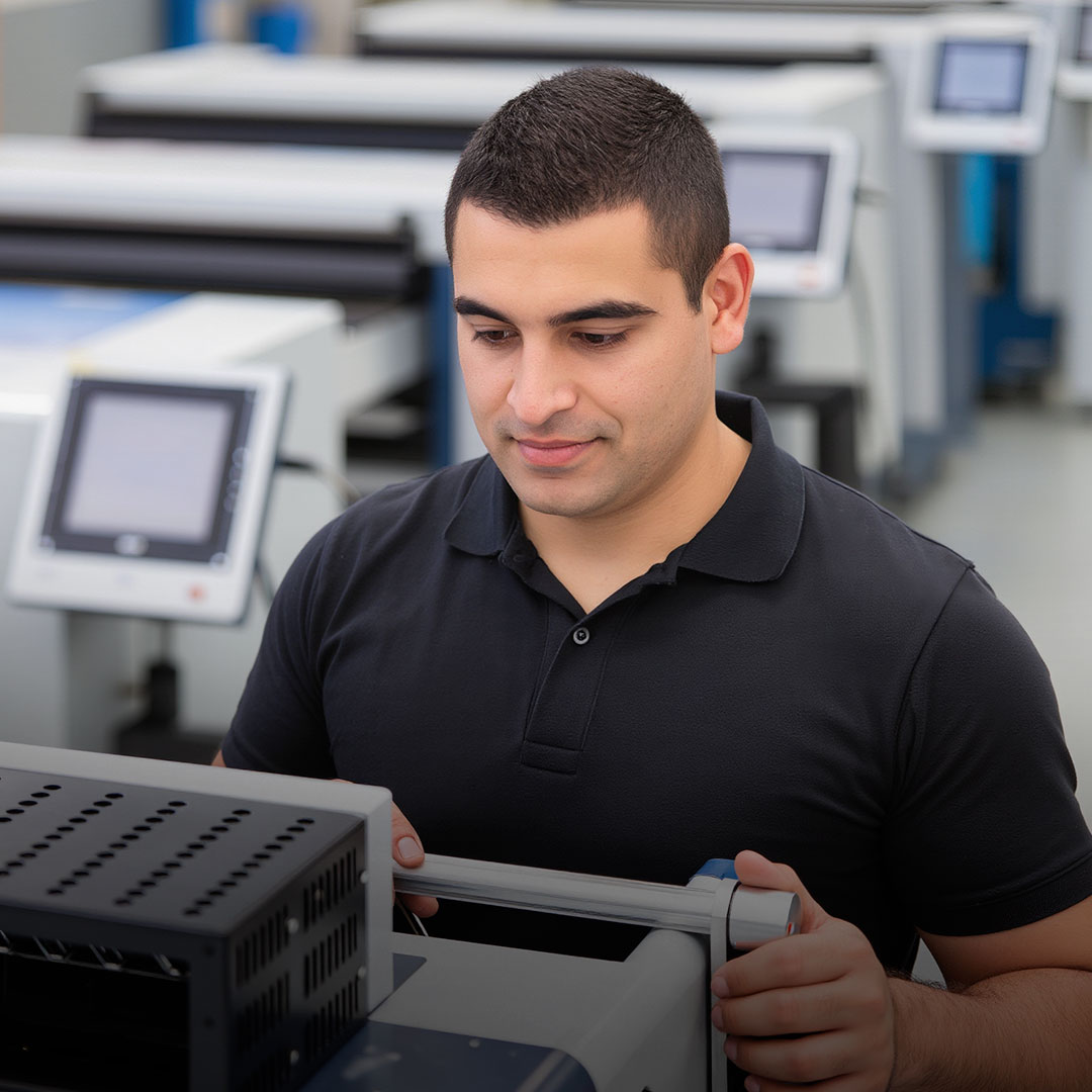 Man in black polo shirt using large printer in modern, well-lit print shop with multiple similar machines in background.