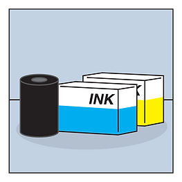 Black ink cartridge beside two printer ink boxes, one with a blue stripe labeled INK and one with a yellow stripe.