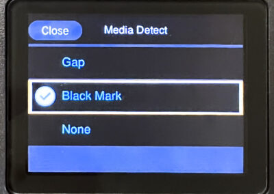 Media detection screen with Gap, Black Mark selected, and None options; Close button located at top left corner.
