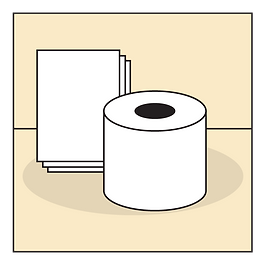 Toilet paper roll beside stacked paper sheets on a beige background, simple illustration emphasizing everyday hygiene products.