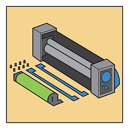 Disassembled toner cartridge with drum unit, screws, and internal parts arranged in front of casing on a tan background.