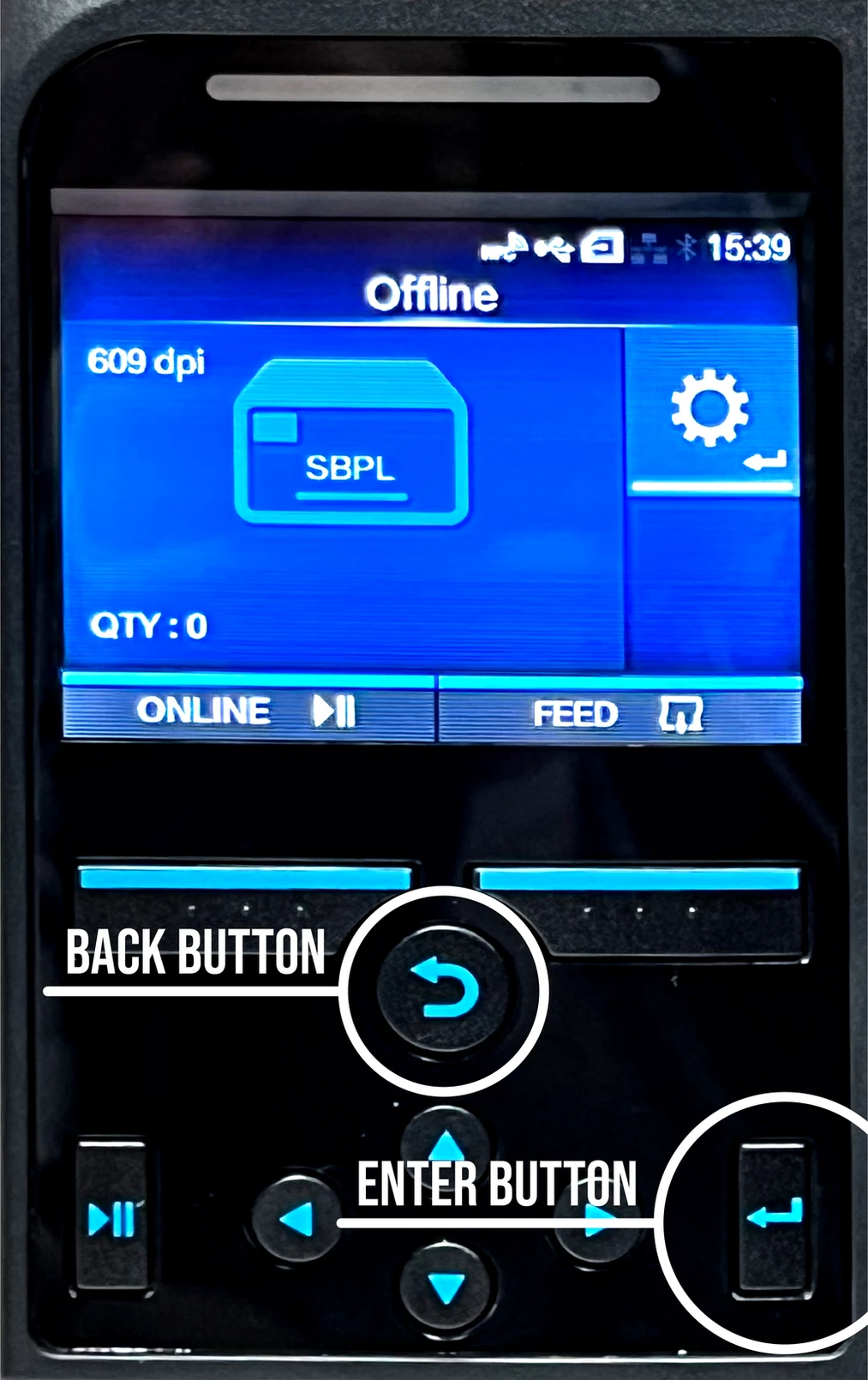 Blue printer control panel with file folder, settings icon, status info, back (curved arrow), and enter (right arrow) buttons.