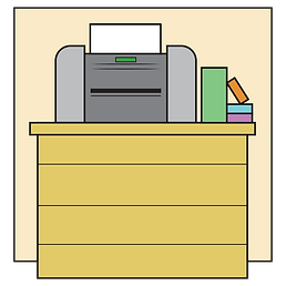 Printer on wooden desk next to stacked books and folders, single sheet loaded, plain background.