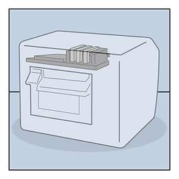 Simplified illustration of a printer with paper in the top feeder on a light blue background, ideal for printing concepts.