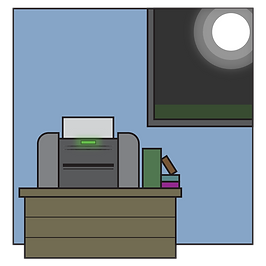 Printer on wooden desk beside books in blue-walled room, window revealing full moon in night sky.