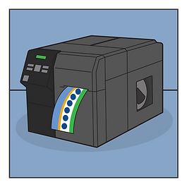 Black industrial label printer on blue surface prints a white label with green, blue, and orange circles, light blue background.