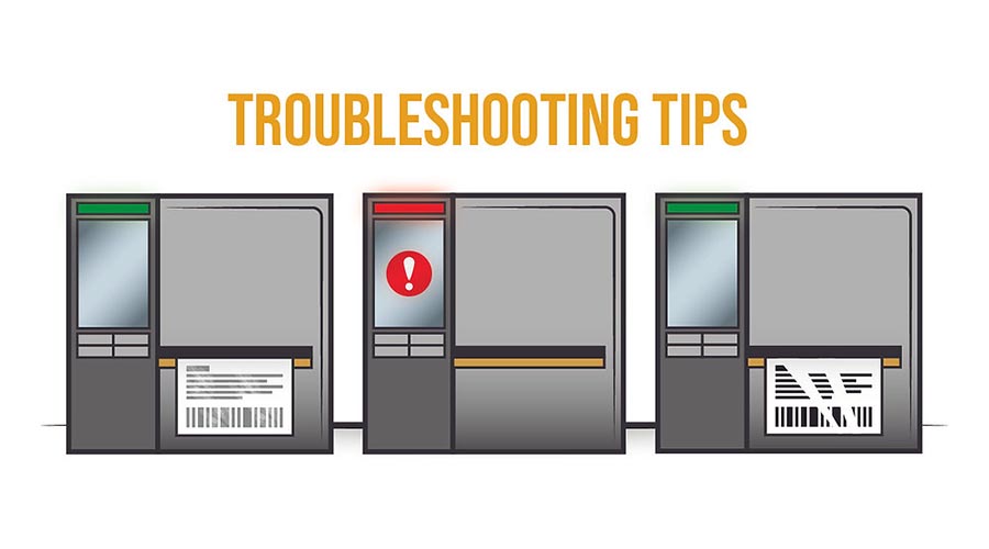 Three card machines under Troubleshooting Tips: one with a printed label, one with error and red light, one with damaged label.