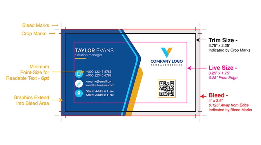 Blue and yellow business card featuring a prominent QR code for easy scanning, suitable for professional branding and contact info.
