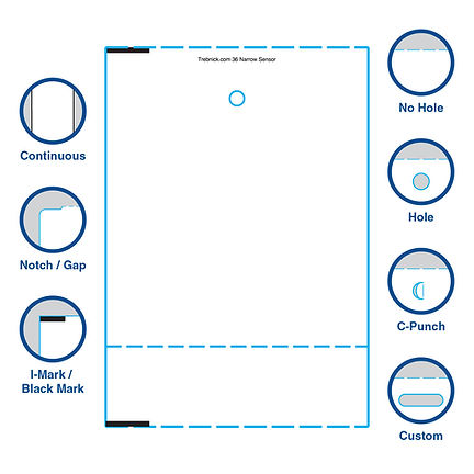 Label diagram with mark and cut options: continuous, notch/gap, I-mark/black mark, no hole, hole, C-punch, custom; inset images shown.