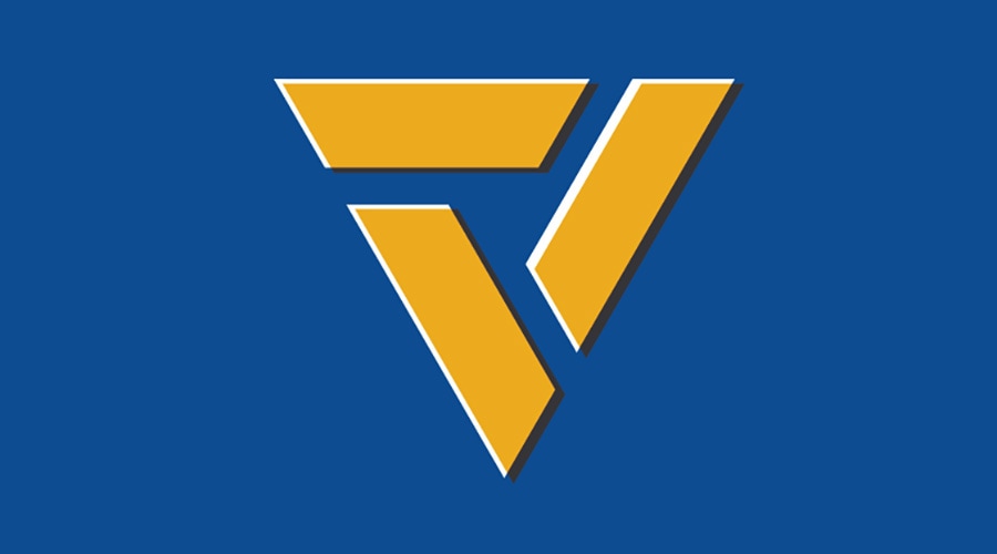 Geometric logo with three yellow shapes forming an abstract triangle on blue, featuring sharp angles and flat edges for a modern look.