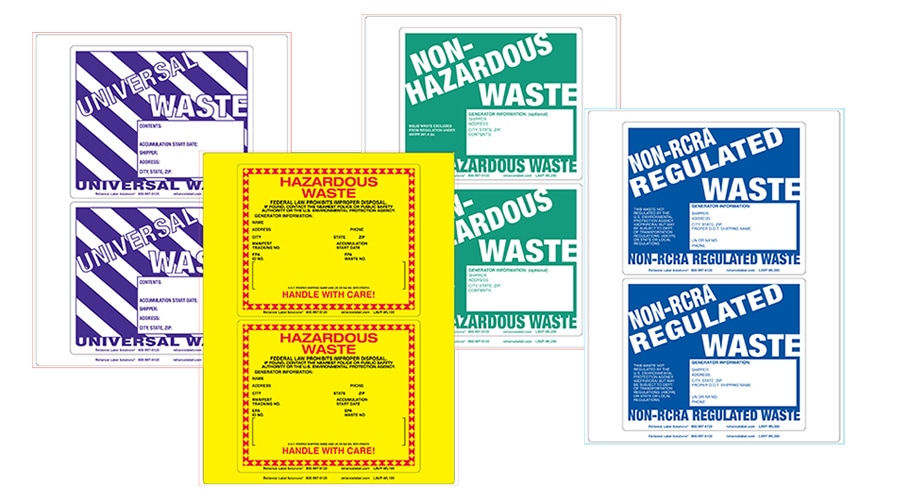 Assorted waste labels: purple-striped Universal Waste, yellow Hazardous Waste, green Non-Hazardous, blue Non-RCRA Regulated Waste.