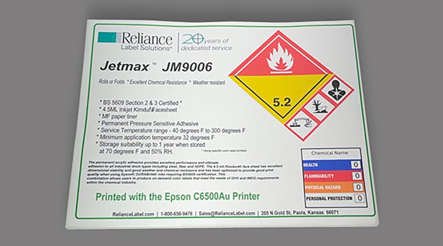 Jetmax JM9006 chemical label with hazard info, flammable symbol 5.2, safety certifications, hazard chart, and company details.