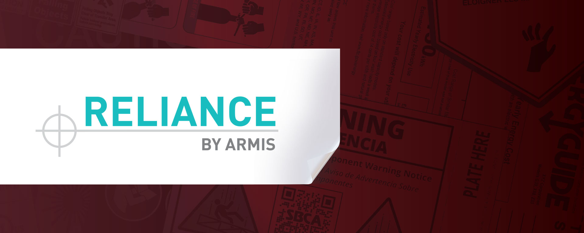 White label displaying RELIANCE BY ARMIS in teal and gray on a dark background with multiple warning labels and safety notices.