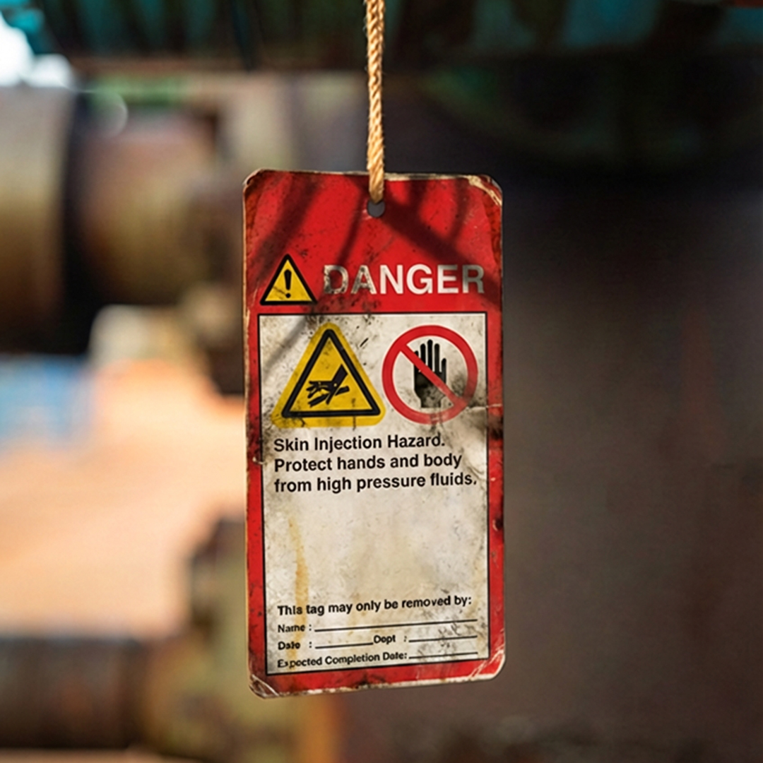 Red warning tag on rope with danger symbols, alerting to skin injection hazards and protection from high pressure fluids.