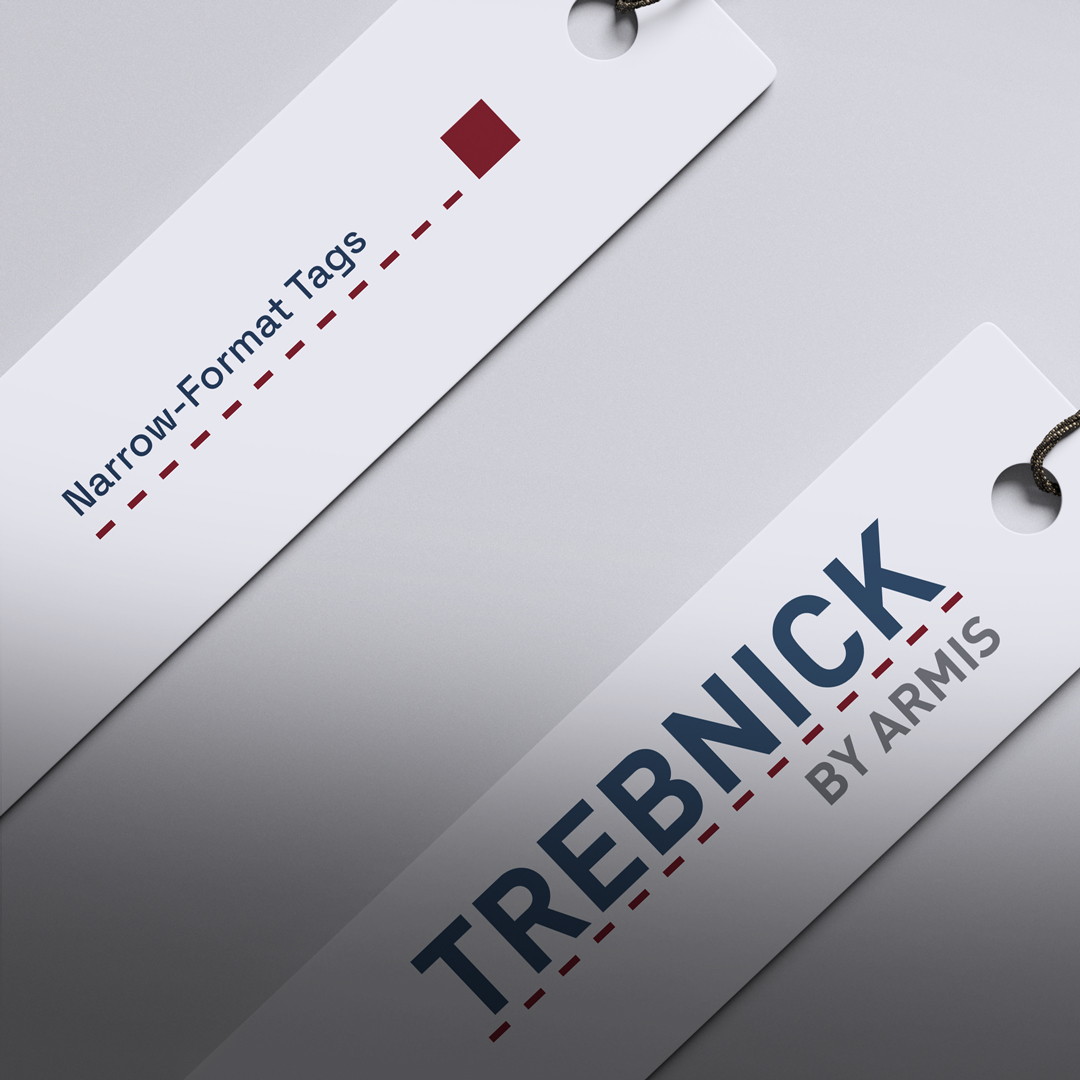 Two white rectangular tags with black strings, blue Trebnick by Armis and Narrow-Format Tags text, red dashed line, red square.