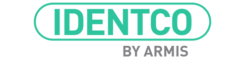 IDENTCO logo in bold turquoise letters inside an oval, with BY ARMIS in smaller gray letters below.