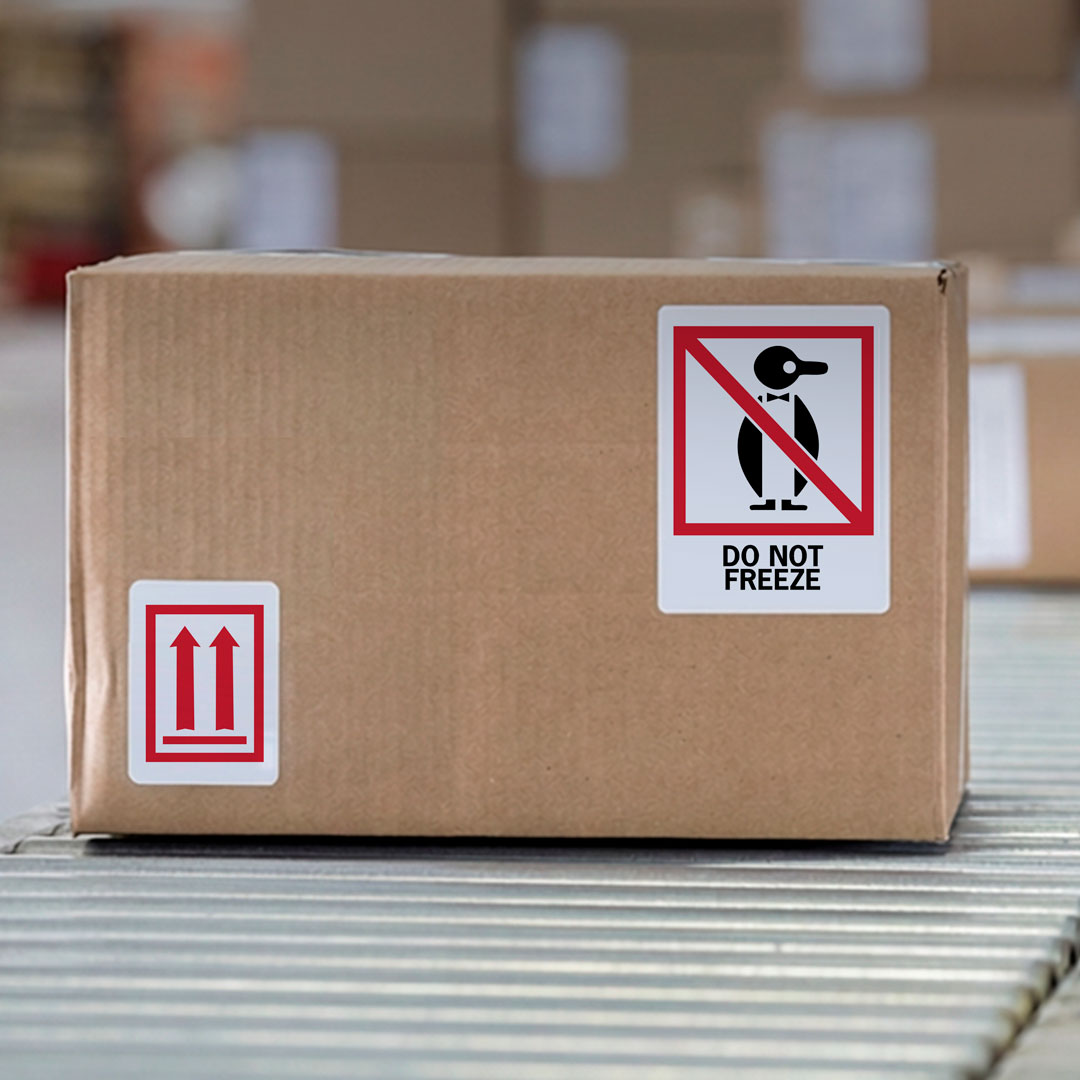 Cardboard box on conveyor belt with DO NOT FREEZE crossed-out penguin label and upward arrows, other boxes blurred in background.