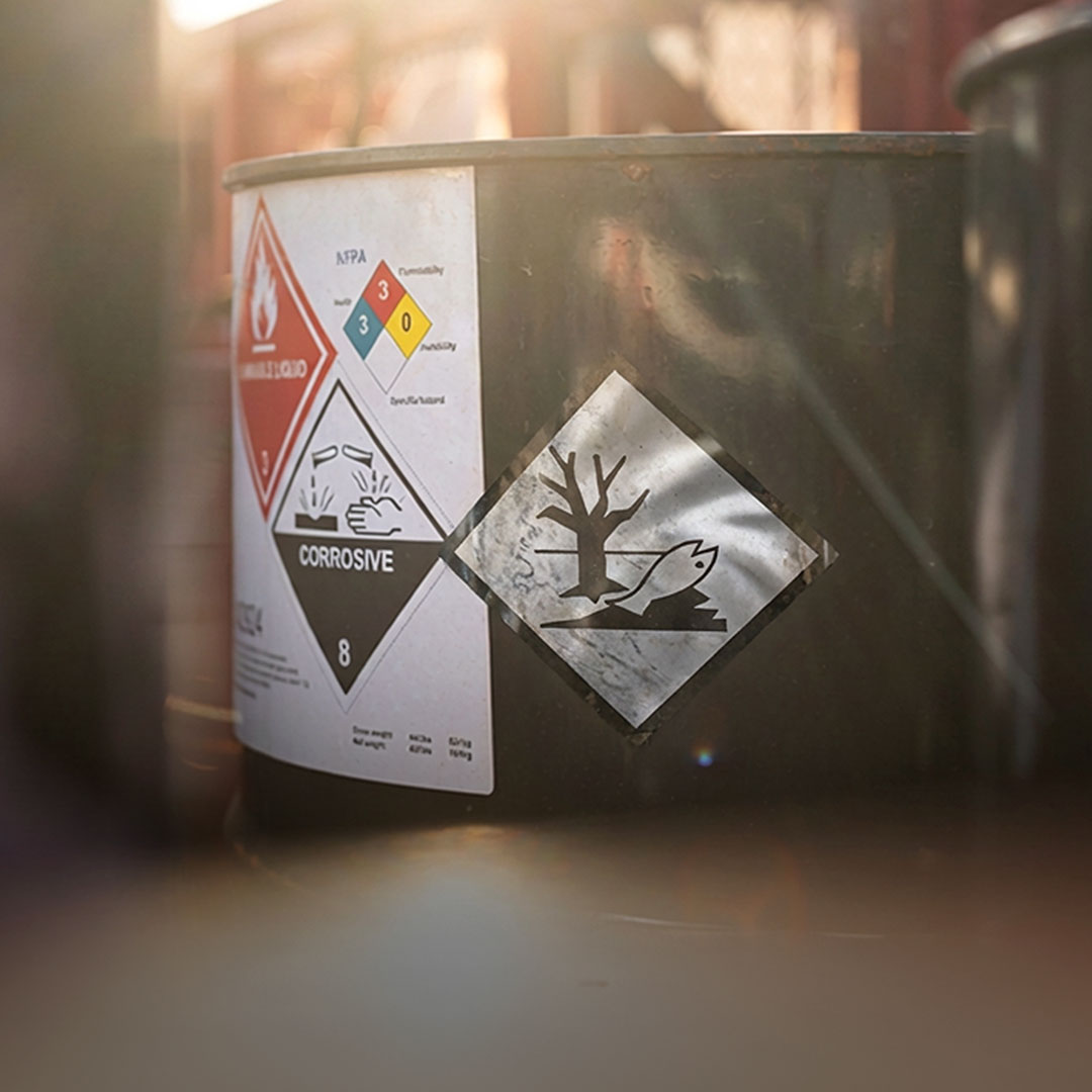 Metal barrel with hazard labels for corrosive, environmental danger, and NFPA diamond; partially sunlit.