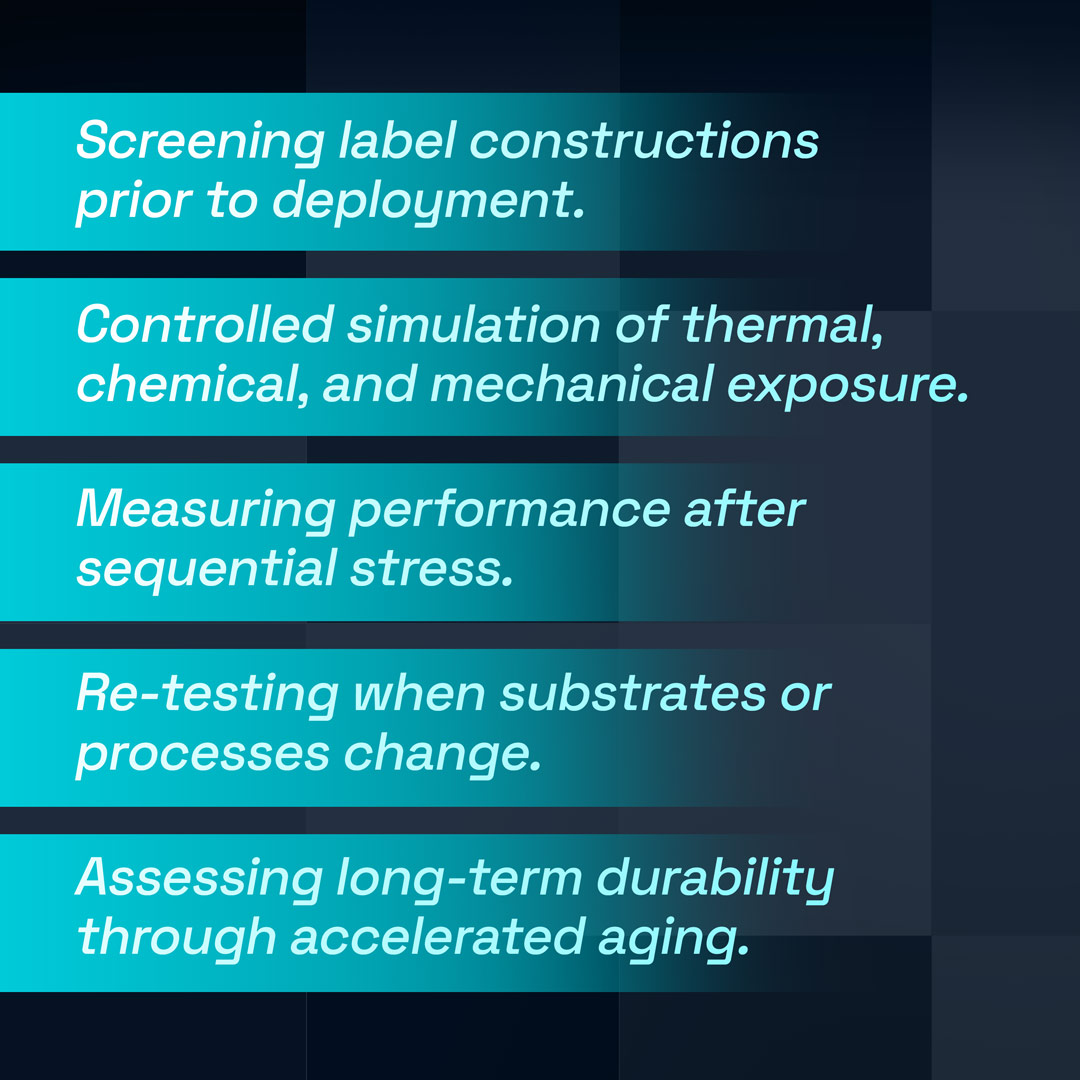 Five-point process: screen label designs, simulate exposures, measure post-stress performance, retest, assess durability.