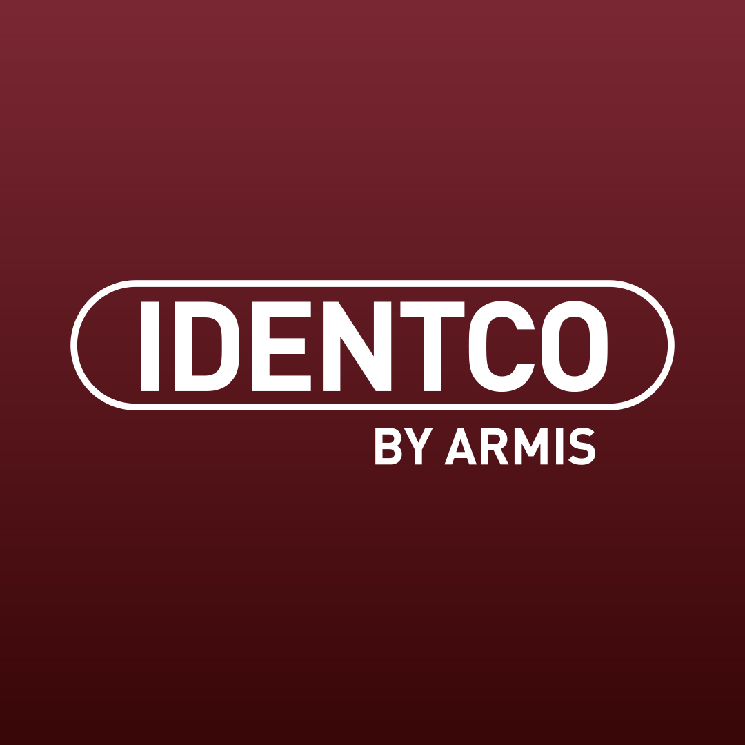 IDENTCO bold white logo inside rounded rectangle on burgundy gradient, BY ARMIS in smaller text below.