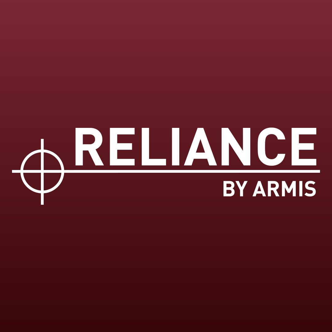 Reliance by Armis in white text on a maroon gradient background, target icon left of Reliance, horizontal line below the word.