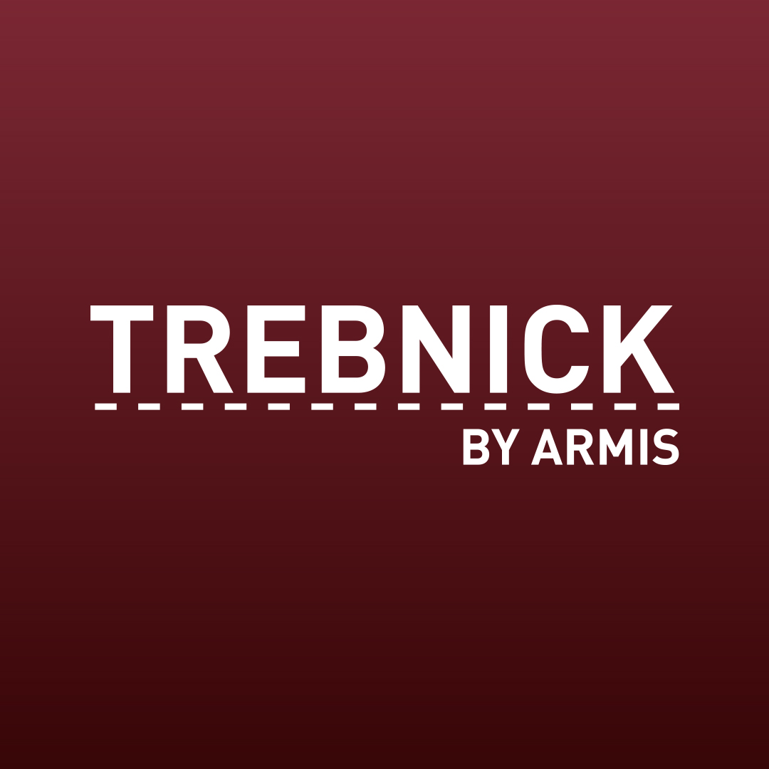 TREBNICK in bold white text with a dashed underline, BY ARMIS below it, on a dark red gradient background.
