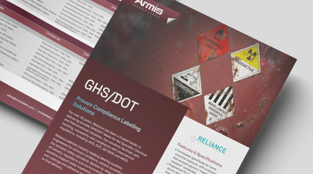 Brochure showing GHS/DOT hazard labels for flammable, corrosive, radioactive, toxic materials on rusted metal with company branding.