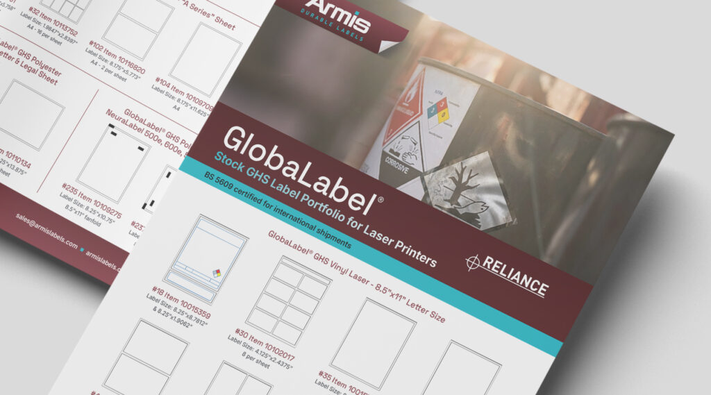 Printed brochures with GHS-labeled metal container and diagrams of laser printer label sizes from Global Label Portfolio.