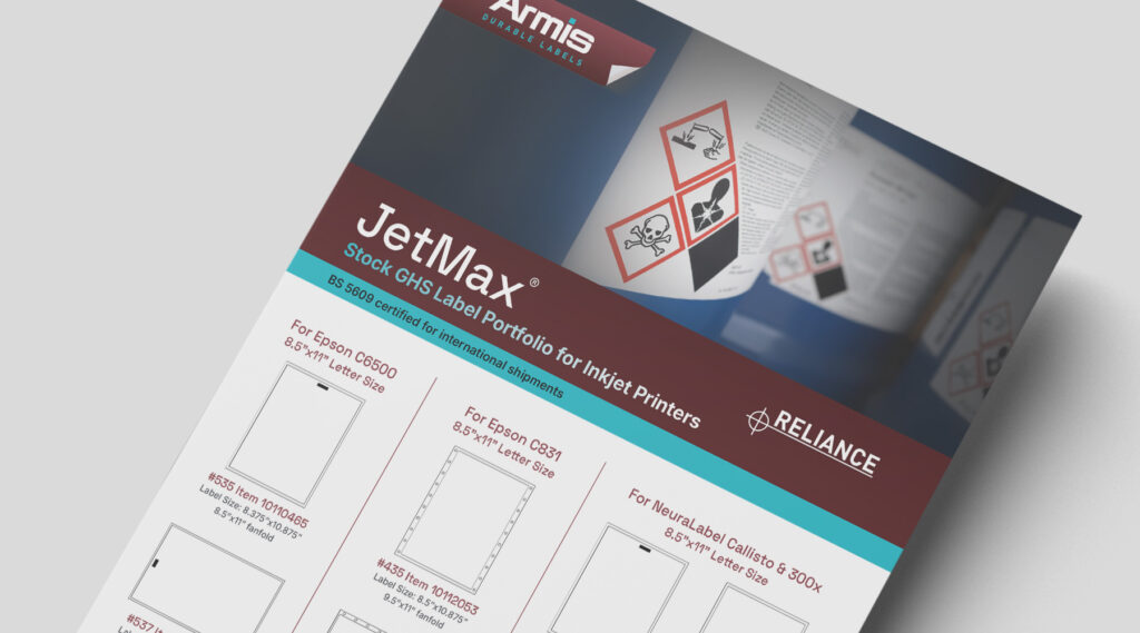 JetMax Stock GHS Label Portfolio brochure shows Epson and Neuralabel label options with hazardous material warning symbols at the top.