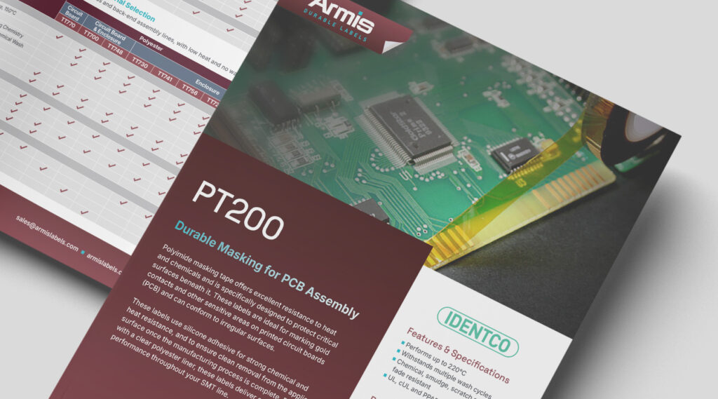 Marketing flyer for PT200 masking shows a green PCB with components plus key product details and specifications for assembly.