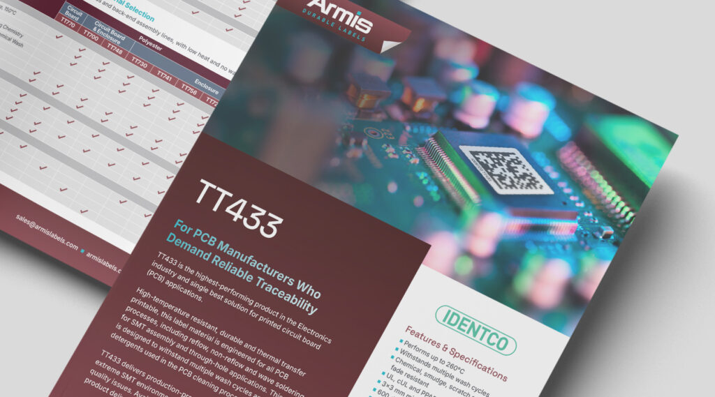 Two marketing brochures, one showing a computer chip with QR code, PCB traceability text, TT433 headline, Identco and Armis logos.