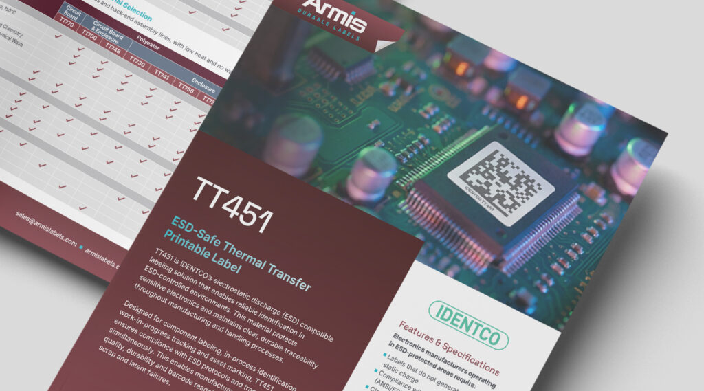 TT451 ESD-Safe Thermal Transfer Printable Label brochure with circuit board close-up, QR code label on microchip, and specs listed left.