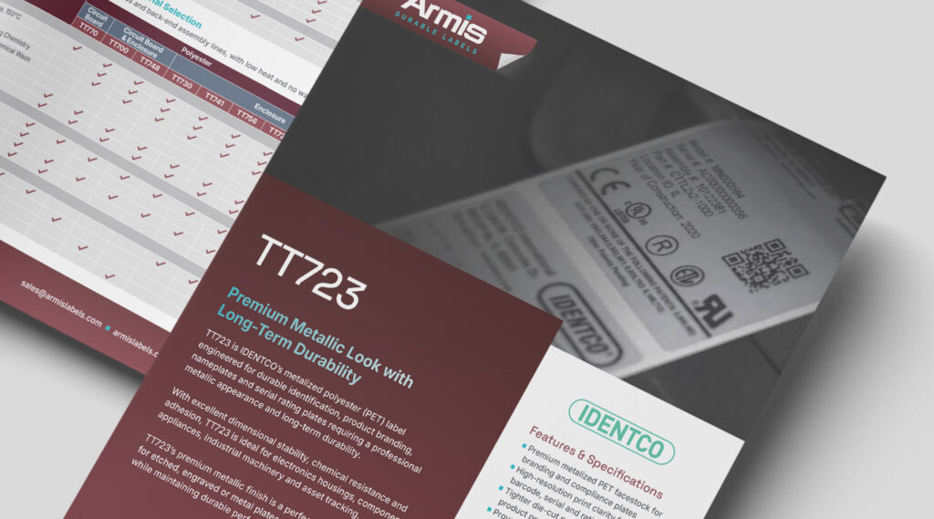 IDENTCO TT723 label brochure showing a metallic barcode label with certification symbols, highlighting durability and key specs.