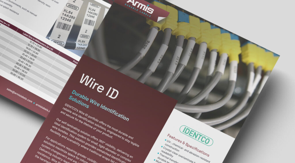 Brochure on durable wire identification solutions with close-up labeled wires, key features, and specs for wire ID products shown.