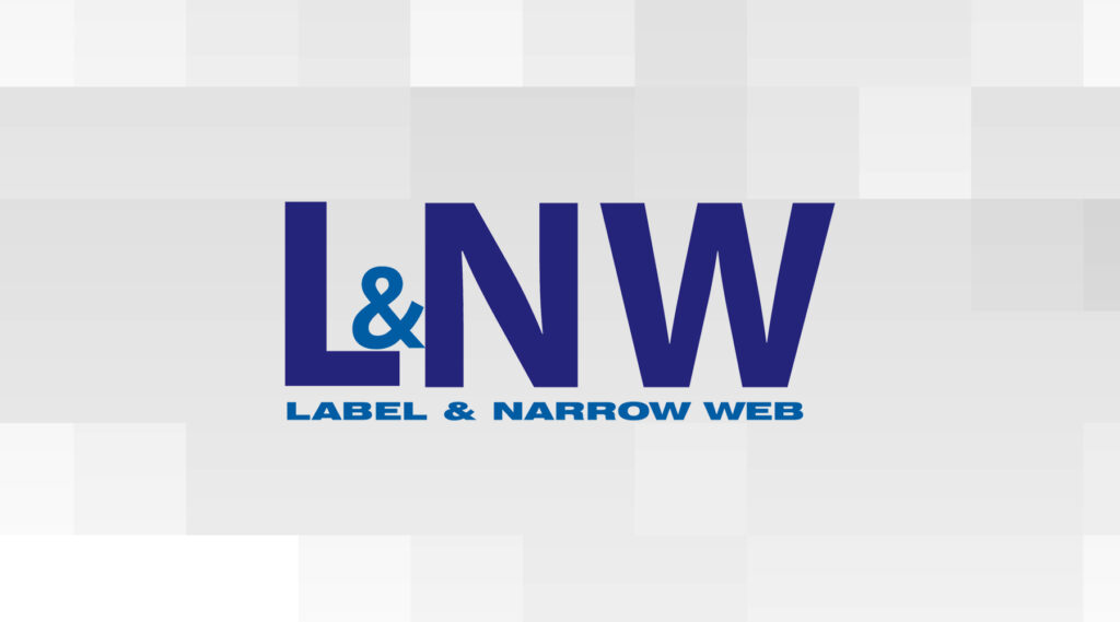 L&NW in large blue letters with Label & Narrow Web below in smaller blue font on a light gray pixelated background.