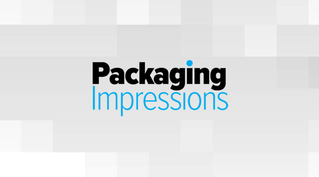 Packaging Impressions logo with Packaging in bold black font, Impressions in light blue, on a gray and white block patterned background.