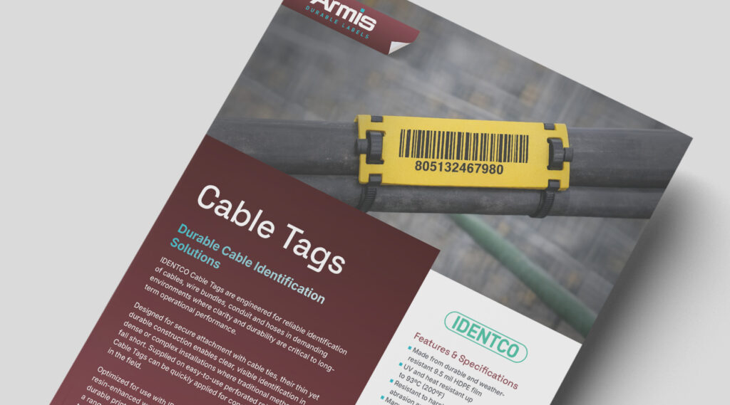 Cable Tags brochure showing close-up of cables with a yellow barcode tag numbered 805132467980, detailing ID solutions and specs.