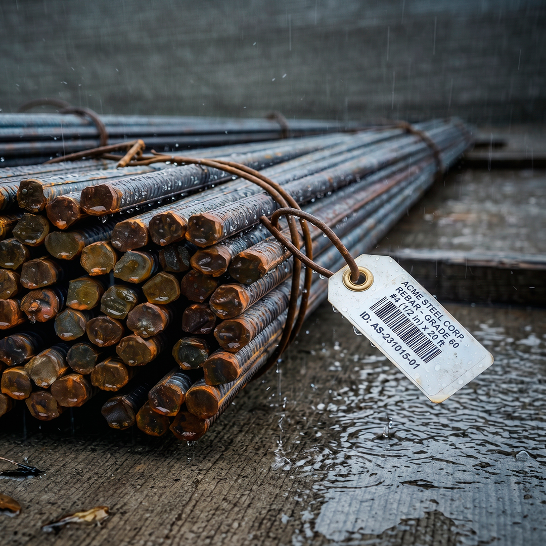 Rusty steel rebar bundle on wet concrete, tied with wire, white inspection tag attached, rainwater and falling droplets visible.